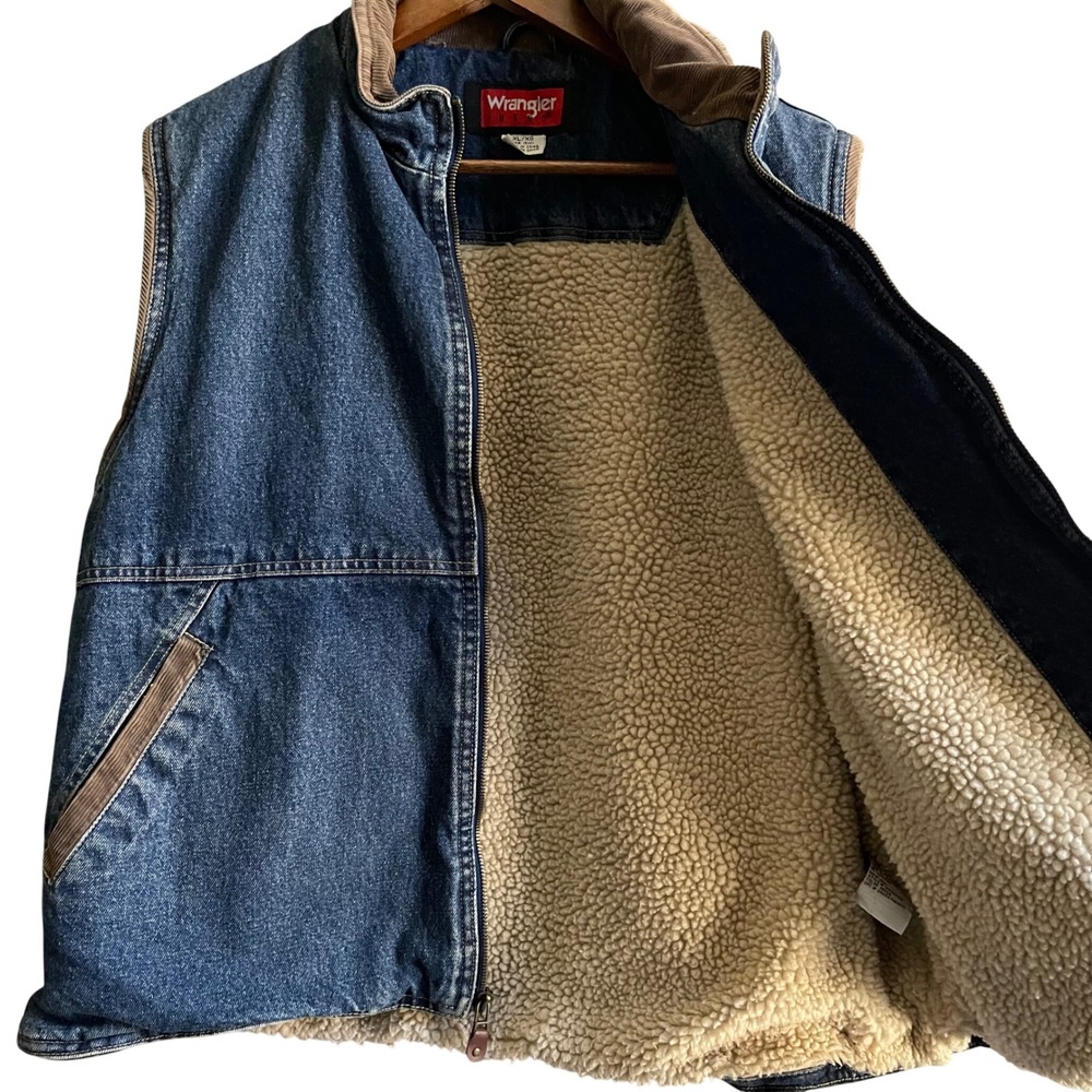 Wrangler Hero Denim Vest Mens XL Blue Sherpa Lined Corduroy Trim Western Cowboy